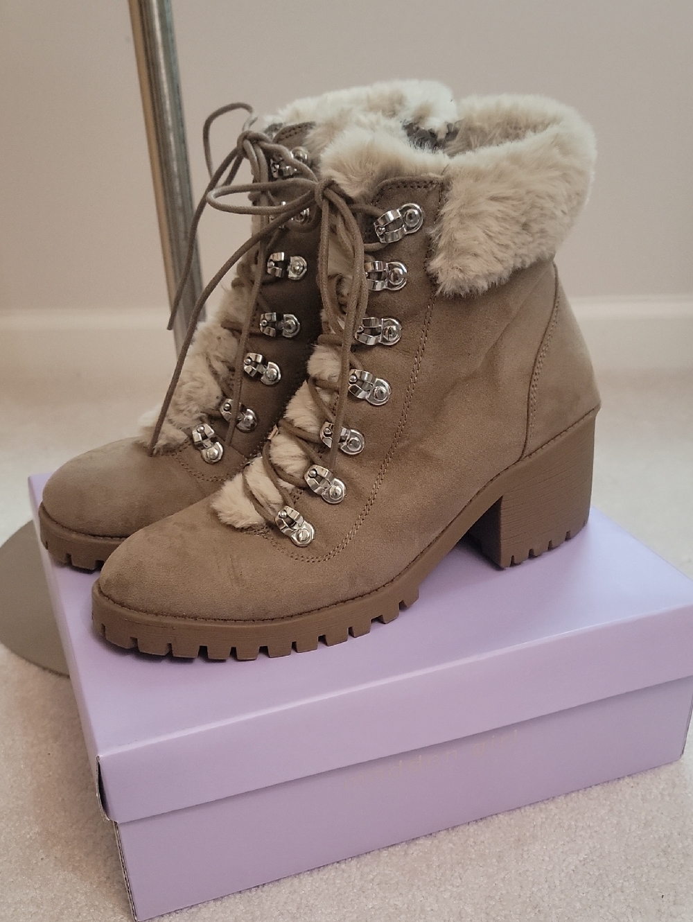 Madden Girl - Women’s Faux-Fur Lace-Up Ankle Boots in Taupe